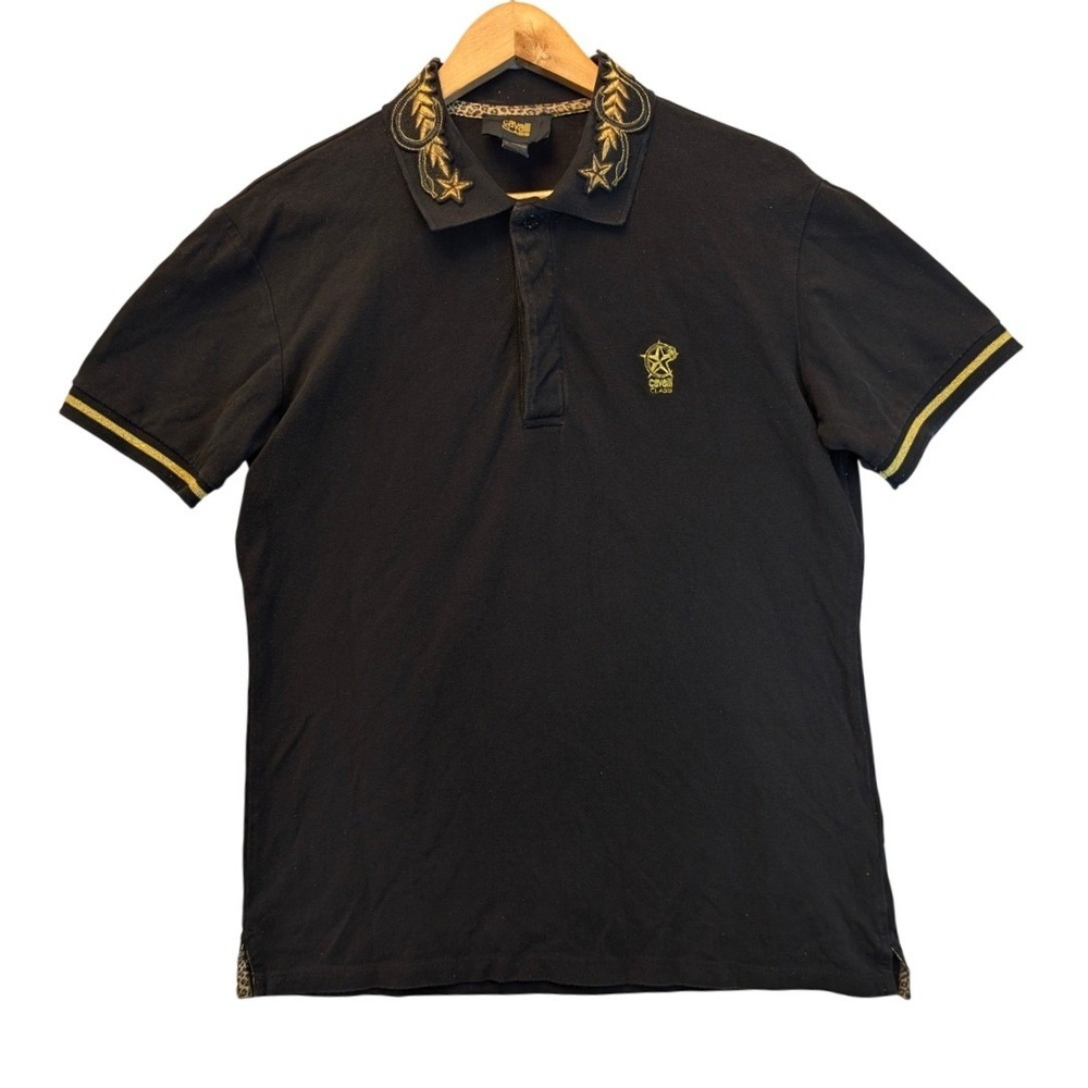 Cavalli Class Roberto Cavalli Mens Black Gold Embroidered Polo Shirt XL B3JQB719